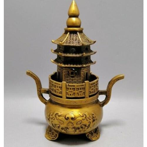 6.89" Collection Chinese brass Handmade Pagoda shape Incense burner censer