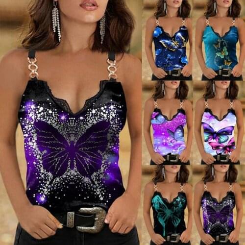 Sexy Tank Top Women Butterfly Print Sleeveless Shirts Summer Casual Womens Blouses Lace V Neck Tanks Vest Plus Size S-5XL