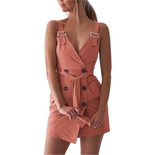 Fashion Summer Dress Womens Casual Sleeveless Camisole Mini Soild V-neck Button Frenulum Dress Vestidos Mujer Verano 2021