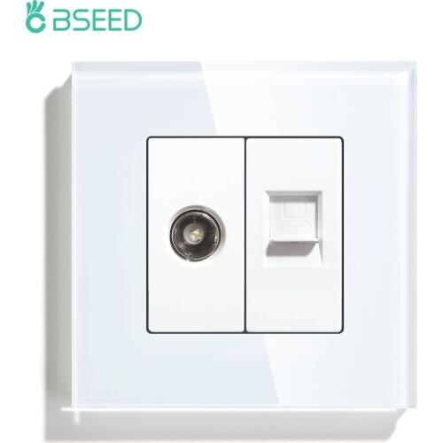 BSEED TV Wall Power Socket CAT5 Internet Wall Socket Outlets Tempered Glass Panel White Black Golden