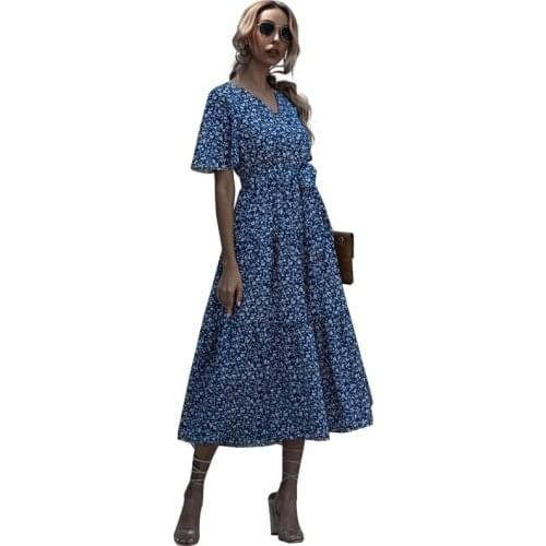 Boho Dress Women Floral Print V Neck Short Sleeve Bandage High Waist Ruffle Dresses Summer Casual Elegant Streetwear Dress