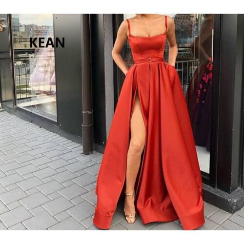 Vestidos Evening Dress Spaghetti Straps Satin High Slit Pockets Robe De Soiree Islamic Dubai Kaftan Saudi Arabic Prom Dress