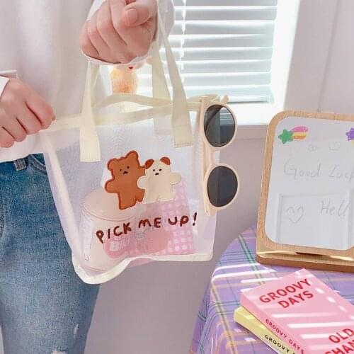 Transparent mesh handbag simple retro ins cute shoulder bag fresh girl wash makeup storage bag hot sale