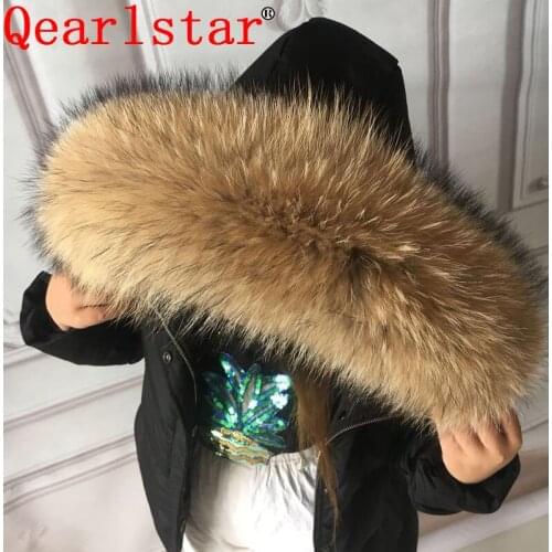 Qearlstar 100% Real Raccoon Fur Collar Super Big Luxury 75*19cm Scarf For Men Women Jackets Coat Parkas Hood Accessories Zxx661