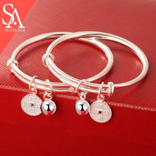 SA SILVERAGE Solid 999 Sterling Silver Smart Childrens Bracelet Baby Push-pull Foot Silver Bell Childrens Day Bangles Luxury