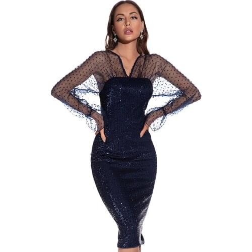 Navy Blue Dot Sexy Cocktail Dresses 2021 V Back Long Sleeves Knee Length Hot Sequins Formal Lady Party Gown Vestido YSAN1004