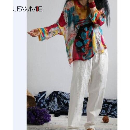 USWMIE 2017 Summer Vintage Art Ventilate Thin Cool V-neck Loose Women Tops Long Sleeve Print Bandhnu Comfort Plus Size Pullover