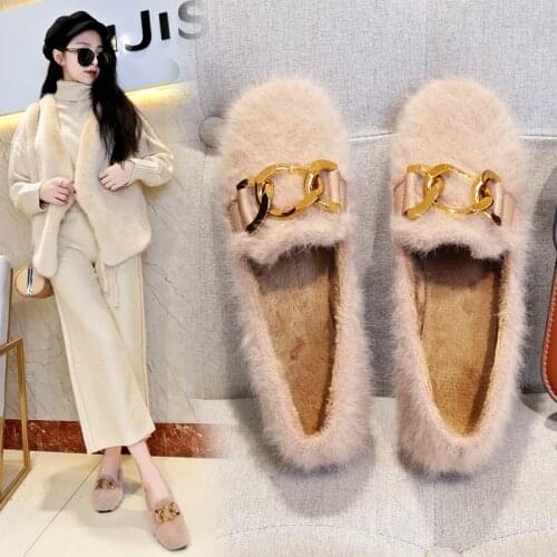 Korean Metal chains fur flats woman loafers ballerina winter plush shoes for women espadrilles solid warm cotton moccasins 2020