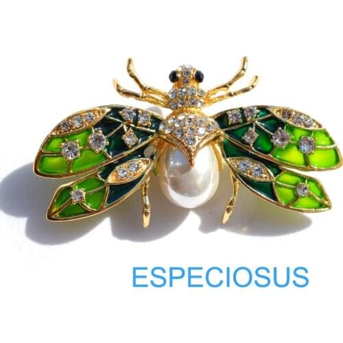 Fashion Jewelry Gold Color Painted Bee Rhinestone Brooch Lady Ornaments Green Color Pearl Breast pin Accessory Overcoat Garments