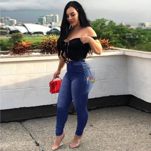 Women Denim Trousers Cutout Tight Jeans High Waist Casual Side Pocket Back Bandage Streetwear