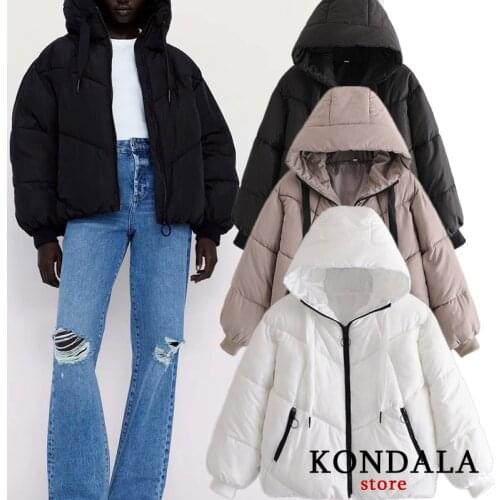 KONDALA Women Jackets Za 2020 Streetwear Oversized Bat Sleeved Jackets Winter Pockets Hooded Loose Coats Female Stylish Parkas
