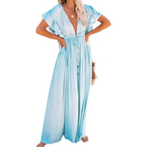 Women Dresses Ruffle Short Sleeve Deep V Neck Drawstring Long Bikini Cover Up Sunscreen Stylish Long Dress Beachwear Beach