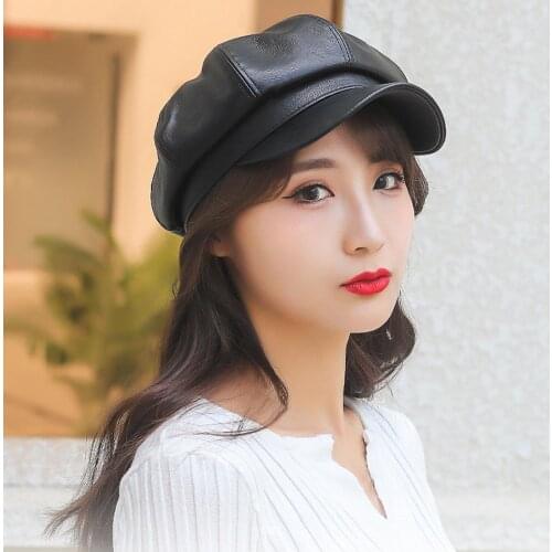 Women Hats Beret Cap Faux Leather Adjustable Octagon Faux Leather Hats for Party Street wear шапка зимняя женская 2021