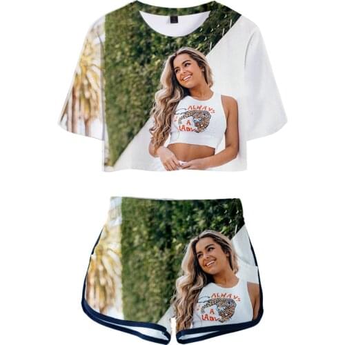 Hot sale 3D Addison-Rae Exposed Navel T-shirt +shorts womens two-piece sets Fashion 3D Addison-Rae girls Summer two-piece sets