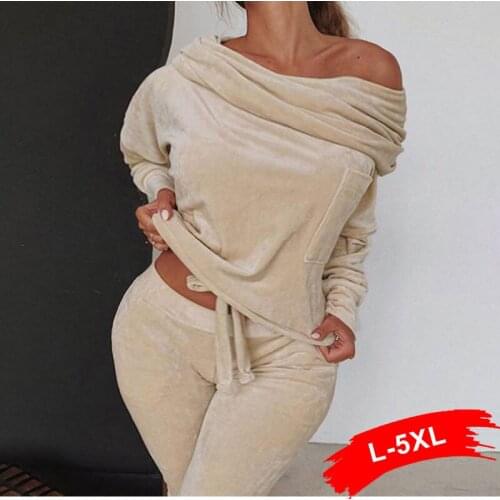 Plus Size Soft Velvet Tracksuits Women Off Shoulder 2 Piece Set Casual Jogger Winter Lounge Wear Drawstring Waist Matching Sets