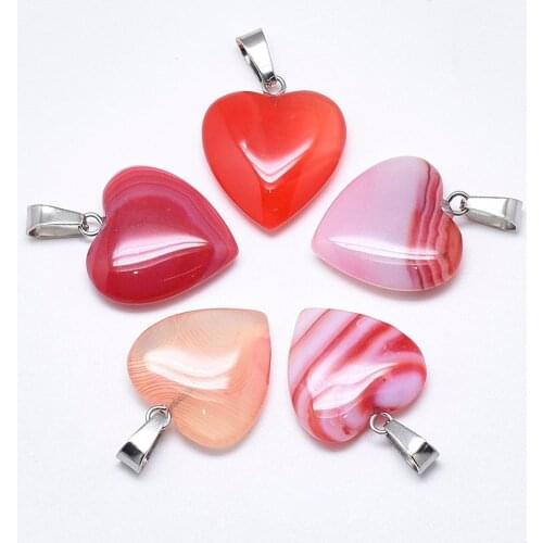 10pcs Dyed Natural Banded Striped Heart shap Pendants for Necklace Jewelry Making Charms with Stainless Steel Snap On Bails