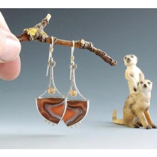 Bohemian Creative Antique Silvery Earrings New Geometric Setting Honey Peach Diamond Malawian Synthetic Agate Pendant Earrings