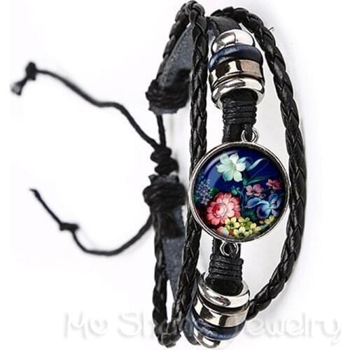 Mandala Flower Design Time Gem Bracelet European And American Black/Brown Leather Bangles Jewelry Gift For Friends