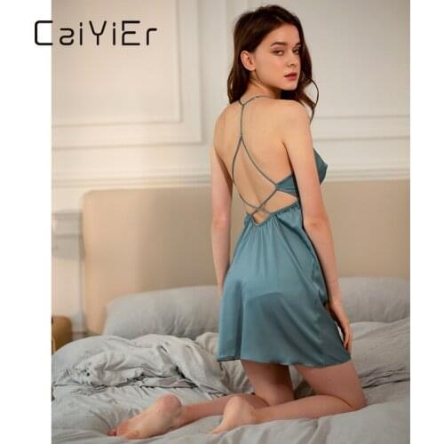 CAIYIER New 2021 Sexy Cross Backless Silk Night Dress Soft Sling Blue Color Sleepshitrts Underwear Lingerie Nightdress M-XL