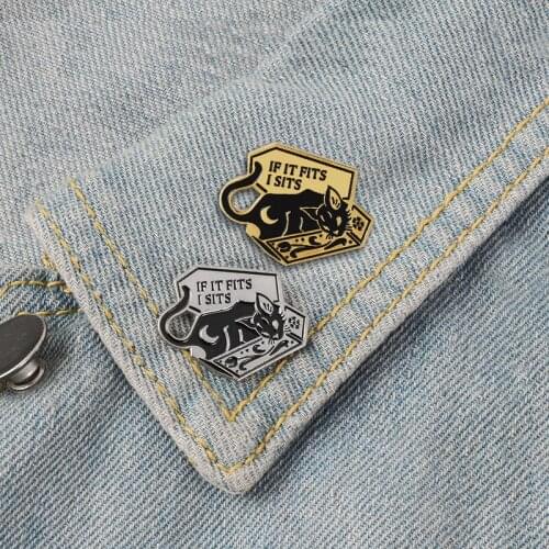 Black horror cat stands inside a polygonal box exaggerated dark gothic enamel brooch rock bar Halloween clothes badge jewelry