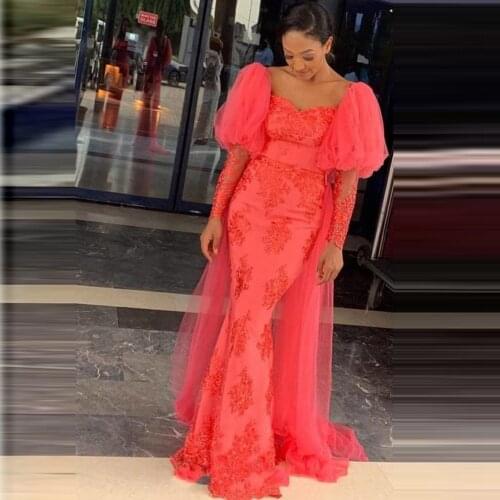 Elegant Lantern sleeve Prom Dresses Ruffles Formal Party Gown Arabic Aso Ebi Muslim Lace Applique Evening Dresses Plus Size