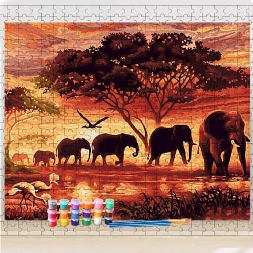 Gatyztory DIY Painting By Numbers Jigsaw Puzzle For Adults Elephant Acrylic Paints Animal Wall Art Picture Home Decors