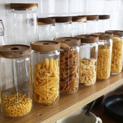 Glass Airtight Canister Clear Jars Cereal Container Food Sorting Storage Bottles Coffee Beans Tea Storage Jar Can with Wood Lids