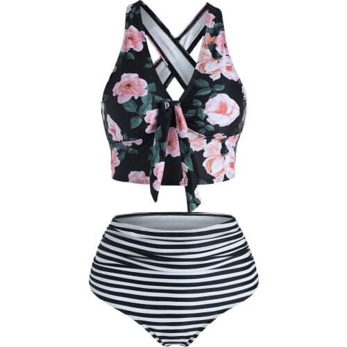 Wipalo Floral Striped Bikini Set Women Knot Crisscross Tankini Swimwear High-Waisted Two Piece Swimsuit 2021 Beach Bathing Suit