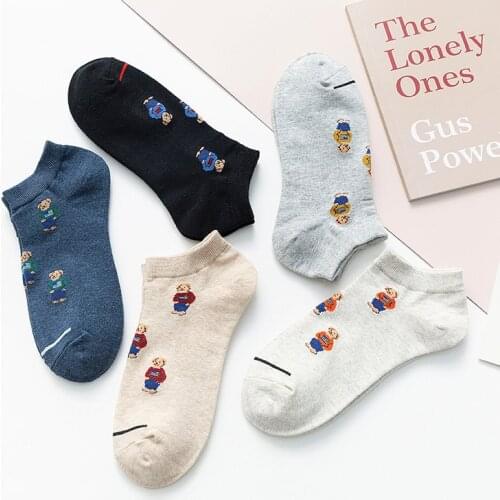 Spring and Summer New British Cartoon Bear Boat Socks for Men and Women Couples Pure Cotton Sports and Leisure Fun Short Socks