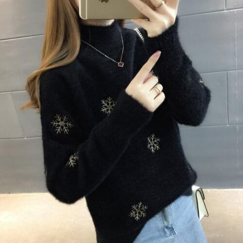 Trendy Spring Women Sweater Turtleneck Snowflake Floral Print Knitwear Loose Fit Female Knitted Tops Classic Pullovers