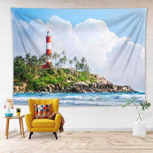 Ocean Island Lighthouse Castle Tapestry Wall Hanging Tropical Palm Trees Tapestries Blanket Home Decoration Beach Towel Yoga Mat
