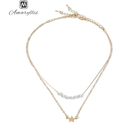 Amaiyllis New Hot Star White Pearl Choker Necklace For Women Simple Layer Metal Chain Choker Collar 2 Pc Clavicle Chain Necklace