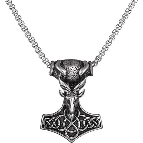 Gothic Biker Stainless Steel Men Biker sheep Thors Hammer Mjolnir Pendant Necklace Jewelry For Mens Gift