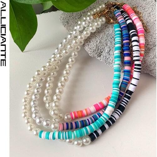 Boho Colorful Asymmetry Pearl Clay Beaded Necklace For Women Soft Pottery Bead Imitation Pearl Choker Simple Party Jewelry New