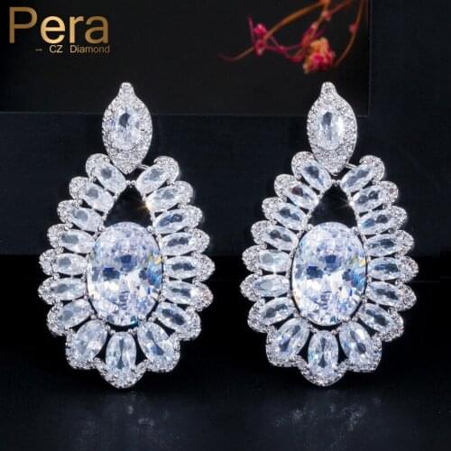 Pera Statement Large Shiny White Oval Cubic Zirconia Long Drop Dangling Earrings for Bridal Costume Accessories Jewelry E491