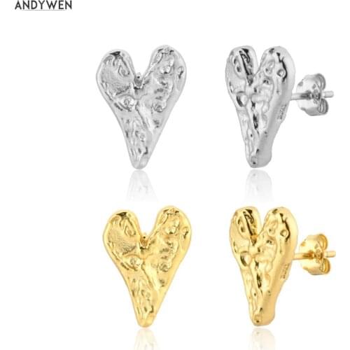 ANDYWEN 925 Sterling Silver Geometric Heart Stud Earring Plain Fashion Fine Jewelry 2020 Rock Punk Jewelry Wedding Party Gift