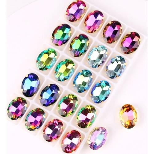 Oval shape Gold claw settings 10*14mm 13*18mm 20 pcs/Pack rainbow & jelly AB colors glass Crystal Sew on rhinestone applique diy