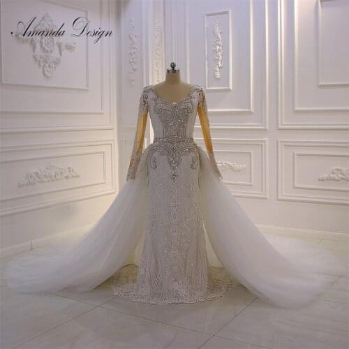 Amanda Design robe de mariage sirene Long Sleeve Rhinestone Detachable Skirt Wedding Dress