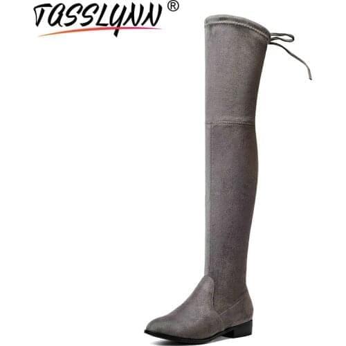 TASSLYNN 2018 Women Boots Low Heels Flock Black Over The Knee Boots Winter Long Boots Square Heels Pointed Toe Women Shoes 34-43