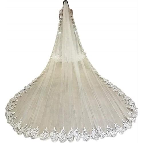 In Stock Bridal Veils Luxury White Ivory Cathedral Veil Appliques Lace Edge Custom Made Long Wedding Veils