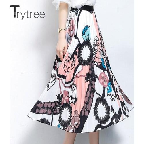 Trytree Summer Autumn Pleated Skirt Womens Fashion Bohemian Printed Floral Skirts Elastic Waist Casual A-Line Mid-Calf Skirt