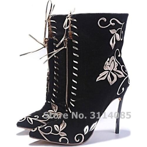 Women Lace-up Black Red Embroidered Boots Suede Pointed Toe Dress Boots Metal Thin High Heels Floral Banquet Shoes Gold Heels