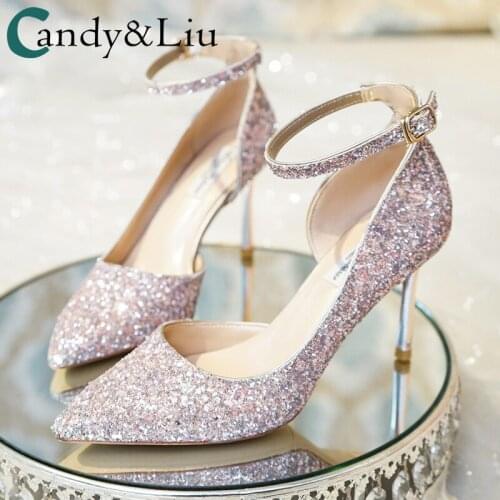 Wedding shoes womens new Sequin bridal shoes 2021 Buckle Strap Pointed Toe Side Empty Female Sandals