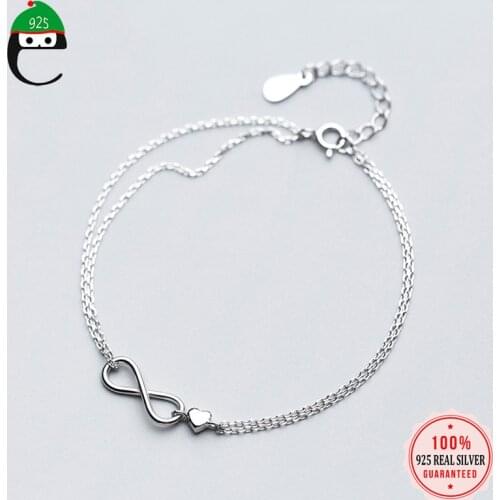 ElfoPlataSi 100% 925 Real Sterling Silver Elegant Double Layer Infinity Heart Bracelet 17cm For Gift Girls Lady XY709