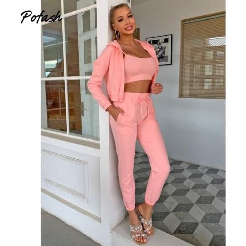 Pofash Pink Hooded 3 Pieces Sets Women Tie Long Sleeves Crop Cami Top With Jacket And Pants Zipper Pockets Casual Outfits 2021