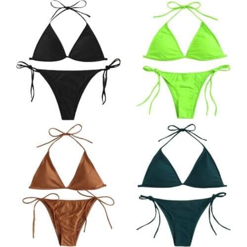 Women Sexy 2pcs Brazilian Bikini Set Halter Triangle Micro Swimsuit Solid Color Side Tie High Cut Push Up Bathing Suit