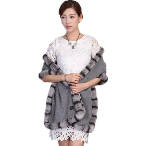 Women scarf shawl 100% real wool cape with natural rex rabbit fur trim chinchilla gray color luxury winter shawl women S36