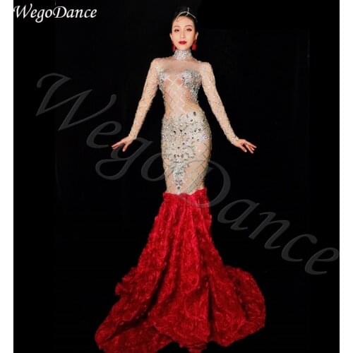 Lady Singer Costume rhinestone long Trailing Dress Prom Star Birthday Party singer dresses woman