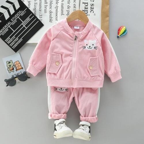 Patpat Corduroy 2pcs Pink Kitty Cat Long-sleeve Baby Set