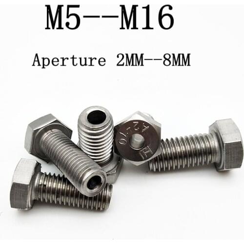 2pcs Stainless steel hex hollow bolt Hollow threading luminaire with hole screw M5--M12 aperture 2MM-8MM